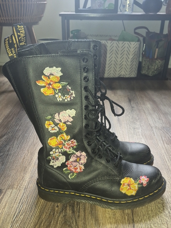 Dr. Martens Shoes - Dr. Martens Black Lace-Up Combat Boots with Multicolor Floral Embroidery